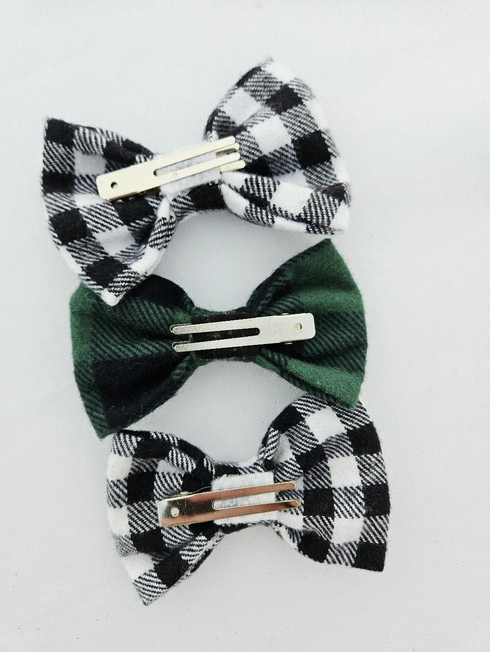 Kids Plaid Bow Hair Clips - Black & White and Green Set